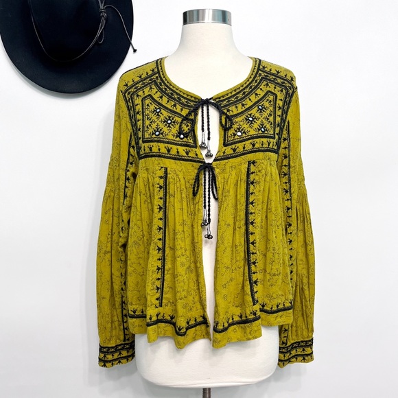 free people | twilight folk embroidered jacket tie-front closure chartreuse s - Picture 2 of 16